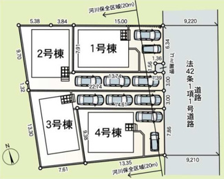 【区画図】 | 寒川町一之宮6丁目  2号棟 第54 | 2号棟　旗竿地（間口約3.0ｍ）　東側約9.2m公道　駐車3台（車種によります）