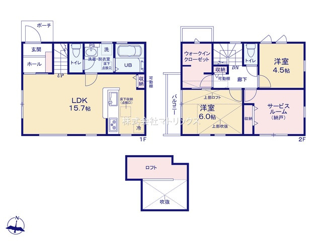 練馬区大泉学園町1丁目　ZEH水準　ハイグレード住宅　全3棟の間取り|2号棟　2LDK+S+ロフト+WIC　土地面積80.90m2、建物面積77.76m2