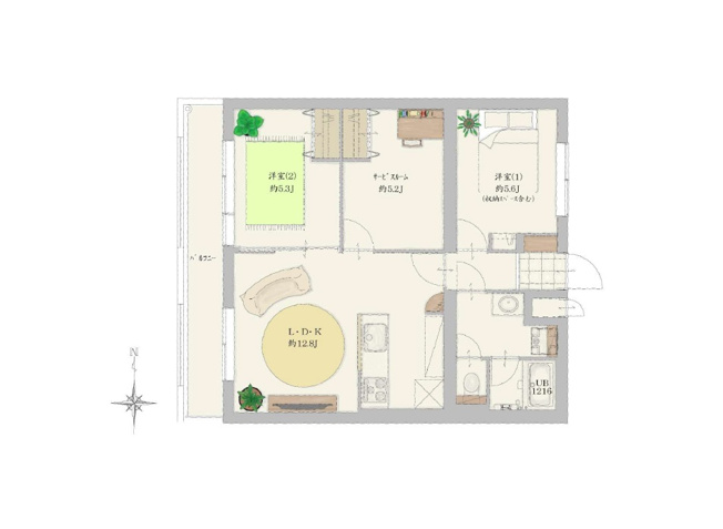 【間取り】 | シンメイ志木第二マンション　(丸井志木店) | 約12.8帖のLDKに、洋室2部屋とサービスルームを備えた2SLDK。サービスルームは在宅ワークや趣味の部屋、収納スペースなど、ライフスタイルに合わせて活用できます。
