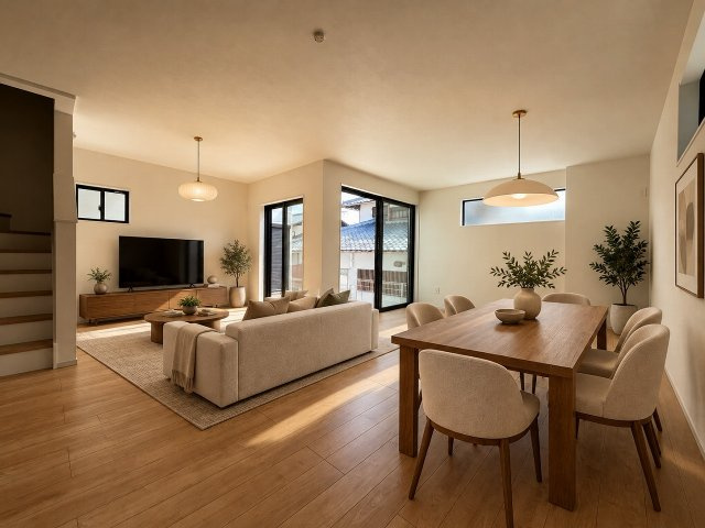 【居間・リビング】 | 福岡市城南区樋井川7丁目2期　1号棟（全2棟）【仲介手数料無料・0円】 | 現地写真。家具・家電等はCGによる配置例です。物件には含まれません