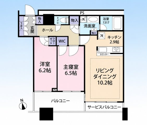 クレストプライムタワー芝の間取り|24階部分・南向きの2LDK＋WIC！主寝室にはWICを備え、収納力も確保。独立性のある各居室で、プライベートな時間も大切にできます。