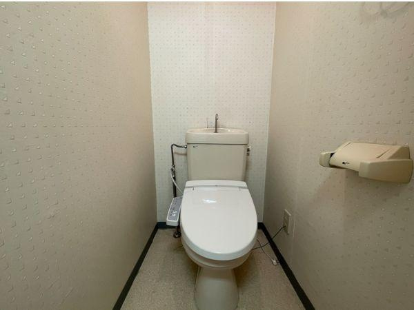 フレクション大分大在のトイレ|シンプルで使いやすいトイレ空間です。壁面に清潔感のあるクロスが施されています。床も明るめの色調で落ち着いた印象です。