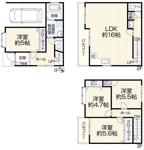 菱屋東1丁目中古戸建の間取り|全室洋室でインテリアも統一しやすく、振分タイプの間取りで個々のプライバシーも守られます！