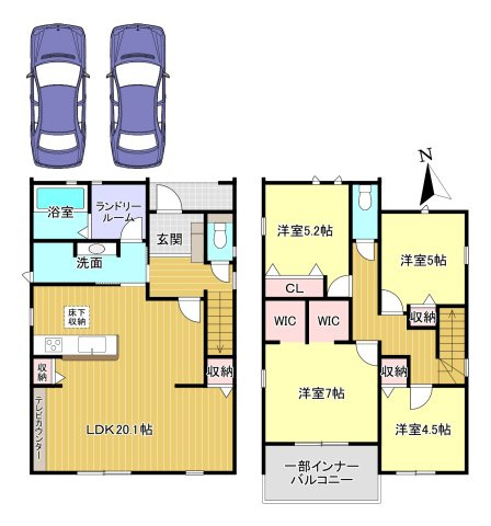 大和郡山市矢田山町第3　全2棟の間取り|1号棟　土地面積：132.24ｍ2　建物面積：111.37ｍ2　駐車並列2台可能