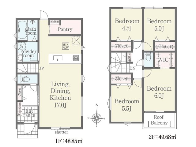 【間取り】 | ふじみ野市仲2丁目　新築一戸建て住宅　全5棟　(ふじみ野店) | WICとパントリーを備えた収納充実の4LDK
