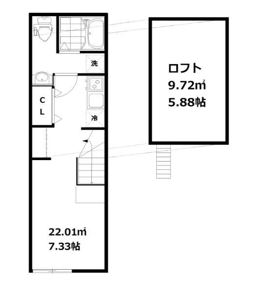 アプロ千鳥町の間取り|北西向き洋室7.33帖+ロフト5.88帖
1Rバストイレ別独立洗面台