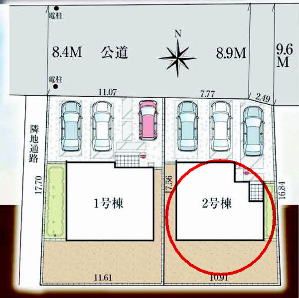 グラファーレ 前橋市前箱田町　2号棟の区画図|駐車場並列３台以上ご用意しています！前面道路も8mあるので車の出し入れもしやすいです。
来客時も重宝します。並列駐車で出し入れもしやすいですよ♪