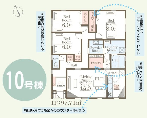 【LiveleGarden】下野川中子 全14棟の間取り|〇10号棟・平屋タイプ〇
3LDK+カースペース2台
※2026年10月撮影