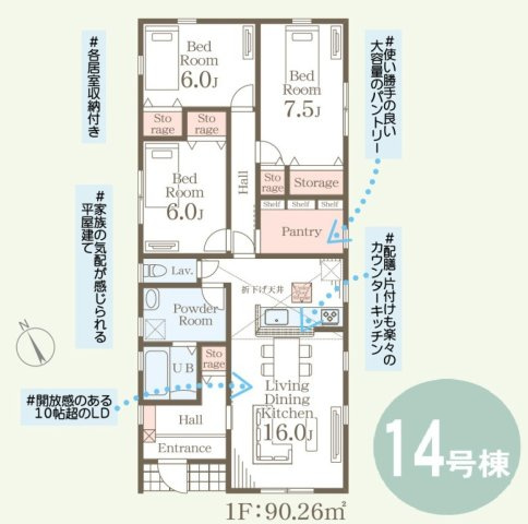【LiveleGarden】下野川中子 全14棟の間取り|〇14号棟・平屋タイプ〇
3LDK+カースペース2台
※2026年10月撮影