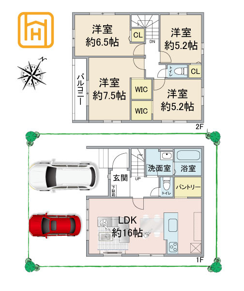 伊丹市荻野8丁目新築一戸建て│4LDK+並列駐車2台可(車種制限有)の間取り|※現況と図面が異なる場合現況を優先いたします。