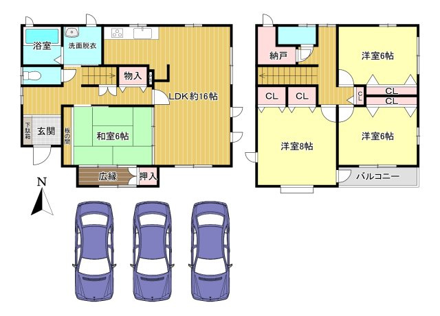橿原市新口町の間取り|4SLDK　土地面積：190.12ｍ2　建物面積：134.04ｍ2　駐車並列3台可能