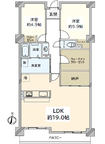 エクレール岩槻弐番館の間取り|【2SLDK：78.2㎡】LDK19帖＋WIC・納戸付きでゆとりのある空間と収納力！エレベーターは二基完備で忙しい朝も安心！駐車場・バイク置き場・駐輪場あり！※空き状況は当社まで都度ご確認くださいませ