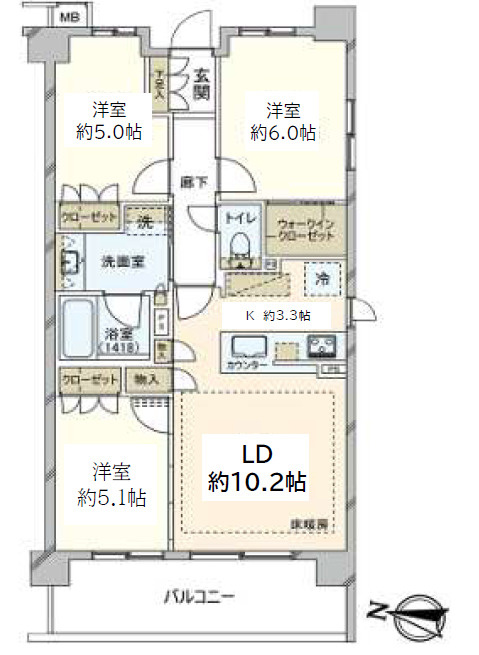クレアホームズ北浦和楓雅の邸の間取り|【3LDK：67.2㎡】南西向きの角部屋につき陽当たり・通風良好◆宅配ボックス・WIC・全居室収納付き◆ペット飼育可（1住戸2匹迄※細則有）各洋室5.0帖以上ゆとりのある空間で個人のプライベートも尊重