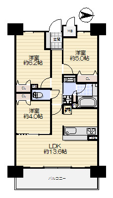 エスリード鶴見緑地公園の間取り|中古マンション　3LDK　専有面積：62.11㎡（壁芯）　バルコニー面積：11.16㎡　東向き
