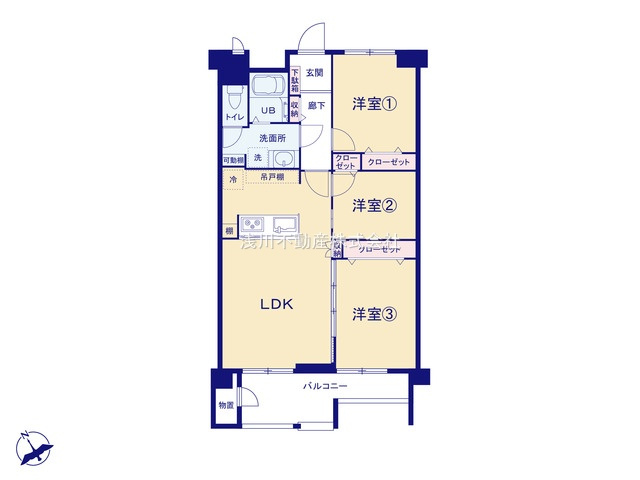 京王北野マンションＣ棟の間取り|～南向き3LDK　陽当たり良好、収納豊富な間取りです～