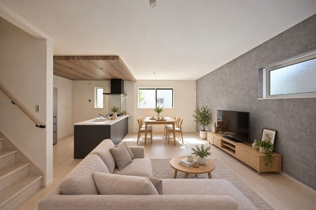 尼崎市富松町4丁目新築一戸建て│4LDK+駐車1台可の居間・リビング|リビング側からLDKを正面に撮影した内観写真です。折下天井やアクセントクロスなどLDKに一工夫加えています。※家具・小物はCGによるイメージです。実際には設置されておりません。