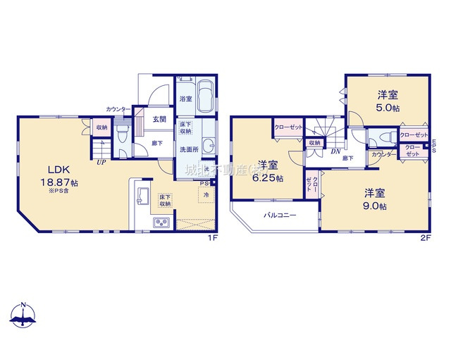 練馬区南田中5丁目 限定1棟の間取り|建物面積89.59㎡ 2階建て3LDK
1階にリビング+水廻りを配した生活しやすい間取りです
