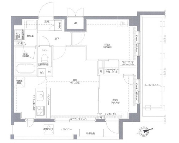 パティーナ大森の間取り|東向きバルコニー南東角部屋の2LDK
