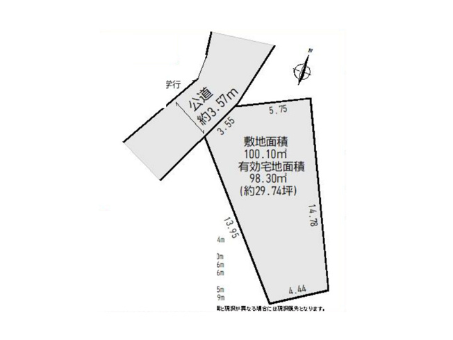 【土地図】 | 椚田町売地 | 図面の数字は各辺の長さ（m）、太線は道路に接する部分です。間口と奥行き、接道方向から建物の配置や駐車計画の目安がつかめます。高低差は現地でご案内します。※図面と現況が異なる場合は現況優先。