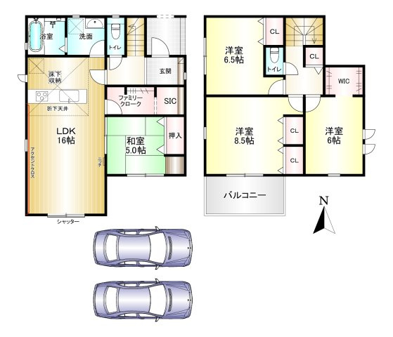 田原本町小室 １号棟 の間取り|4LDK　土地面積：148.42㎡　建物面積：105.16㎡　駐車スペース2台