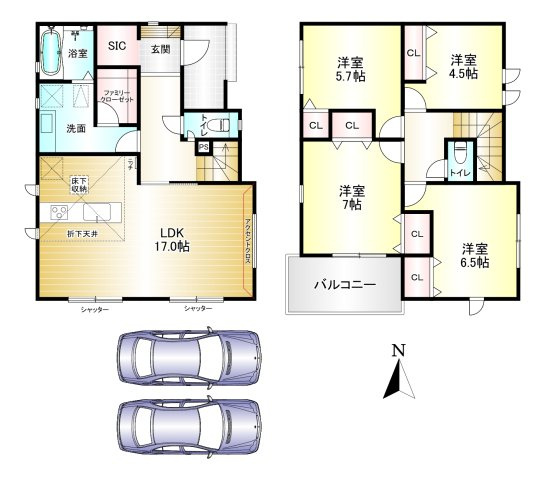 田原本町小室 ２号棟の間取り|4LDK　土地面積：135.19㎡　建物面積：105.36㎡　駐車スペース2台