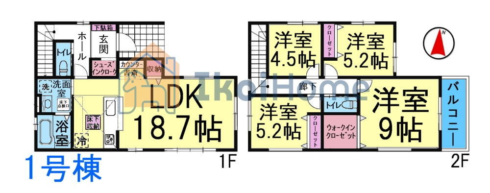 神戸市西区池上全４棟１号棟　新築戸建の間取り|使いやすい4LDKの間取り♪リビング広々！全室洋室！各部屋収納・WIC完備で収納豊富！