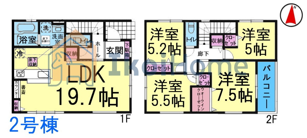 神戸市西区池上全４棟2号棟　新築戸建の間取り|使いやすい4LDKの間取り♪リビング広々！全室洋室！各部屋収納・WIC完備で収納豊富！