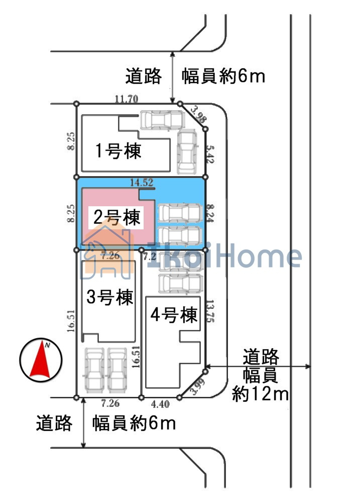 神戸市西区池上全４棟2号棟　新築戸建のその他|●区画図●全4棟の分譲地。2号棟は並列2台駐車可能！前面道路ゆったりで入出庫も楽々安心♪
