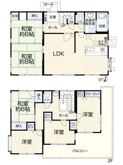 八王子市　楢原町　中古戸建て（6LDK）の間取り|～南向き6LDK　開放感のあるバルコニー、大家族でも利用しやすい間取り～