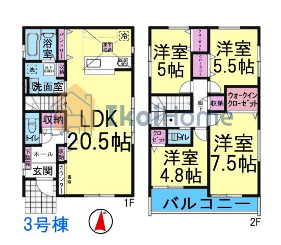 神戸市西区池上全４棟3号棟　新築戸建の間取り|使いやすい4LDKの間取り♪リビング広々！全室洋室！各部屋収納・WIC完備で収納豊富！