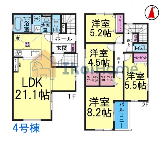 神戸市西区池上全４棟4号棟　新築戸建の間取り|使いやすい4LDKの間取り♪リビング広々！全室洋室！各部屋収納・WIC完備で収納豊富！