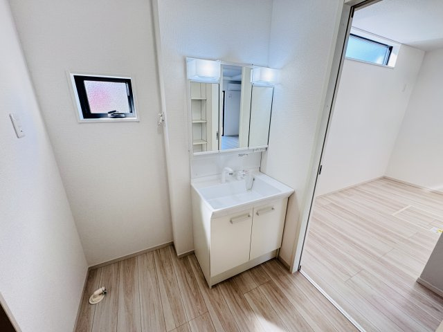 柏市柏新築戸建【高田小学校：7分】の独立洗面台|シャワーヘッド付き三面鏡洗面化粧台