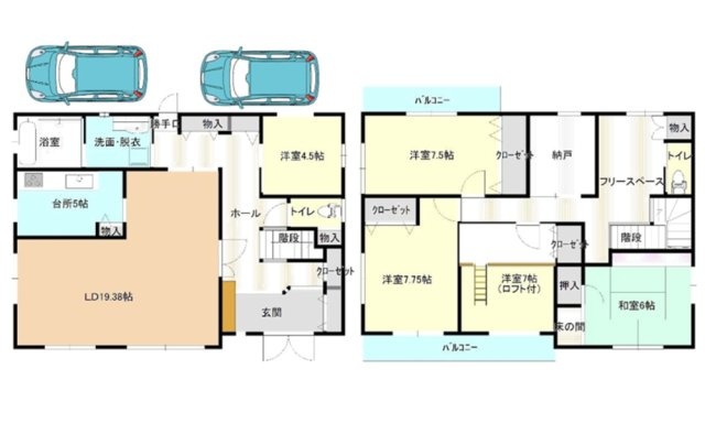 山本南1丁目の間取り|用途を固定しないフリールーム、6帖以上の居室が4部屋あるゆとりある間取

