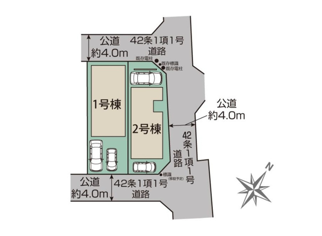 【区画図】 | 三芳町藤久保　新築一戸建住宅　全2棟（ふじみ野店） | 整形地、車庫並列2台、周辺環境充実の立地。こだわりの設備充実の高品質デザイン住宅。