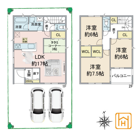 クレイドルガーデン長吉六反3丁目新築一戸建て│3LDK＋並列駐車2台可の間取り|※現況と図面が異なる場合現況を優先いたします。