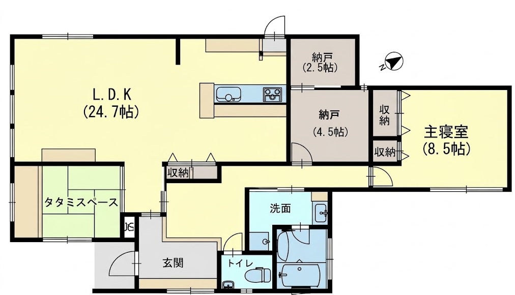 令和3年1月築の平屋　LDK24帖超　大久保町西島　平屋の間取り