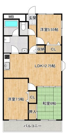 寝屋川市中神田町の賃貸マンションの間取り