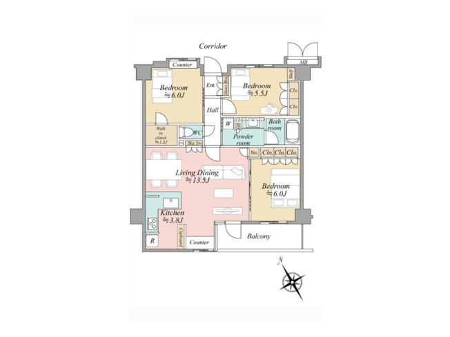 【間取り】 | フェアシス八王子新町 | 3つの居室とゆとりあるLDKを備えた3LDKの中古マンション。家族が集まるリビングと個室のバランスがよい間取りです。大きな窓から光が差し込む開放的なリビングは、家族が自然と集まる場所になります。