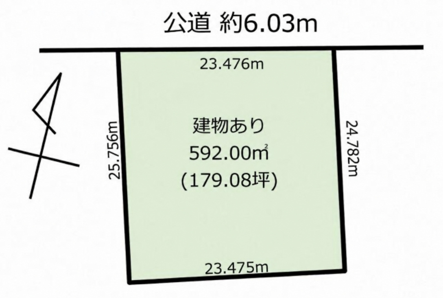 名東区上菅二丁目土地の土地図|土地592.00㎡（179.08坪）。間口約22.5m・奥行約23m、建築条件なしの整形地です。