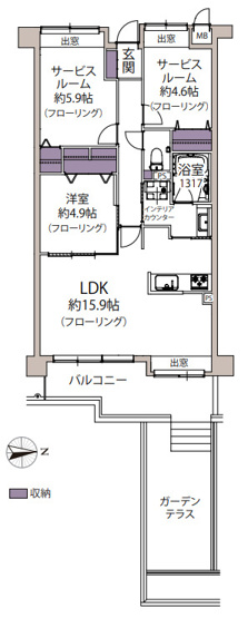 【間取り】 | ダイアパレス唐人町 | プライベートなガーデンテラスまでついた1LDK。サービスルームも居室利用可能です