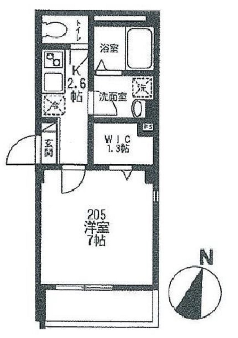 ドミール平和島の間取り|間取り　南向きウォークインクローゼット付1K