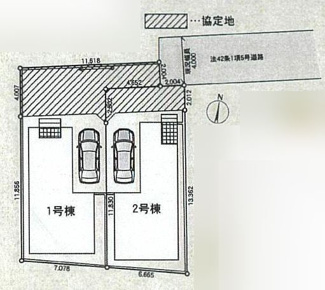 【区画図】 | 南区新戸  1号棟 第15 | 1号棟　旗竿地　東側約4.0ｍ位置指定道路（私道・持分有）　駐車1台（車種によります）　※協定地有