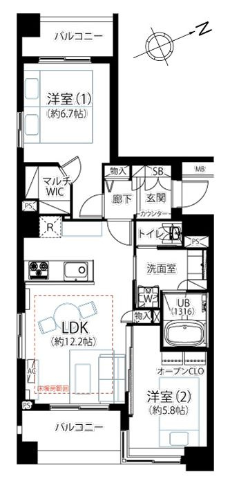 アビデ蔵前リバーサイドの間取り|南東向き・3方角部屋・両面バルコニーにつきまして日当たり・通風・眺望良好。新規リノベーション施工が完了いたしましたのでいつでも内覧が可能です。