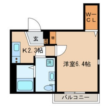 エムズ西六郷の間取り|南向きバルコニー南東角部屋の1K洋室6.4帖バストイレ別独立洗面台！
ウォークインクローゼット！