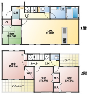 【間取り】 | 明石市魚住町金ケ崎　新築戸建 | 4499万円、4LDK、土地面積191.68m2、建物面積113.23m2 ◆4LDK◆
◆LDK18帖＋4.5帖♪
◆洗面室も広々♪
◆インナーバルコニー
ルーフバルコニーあり♪