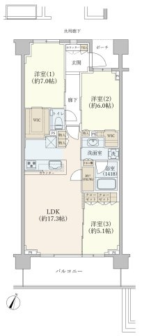 シティハウス上社ヒルズの間取り|3LDK＋納戸＋WIC×2／専有面積80.15㎡。LDK約17.3帖は洋室(3)と一体でも使えます