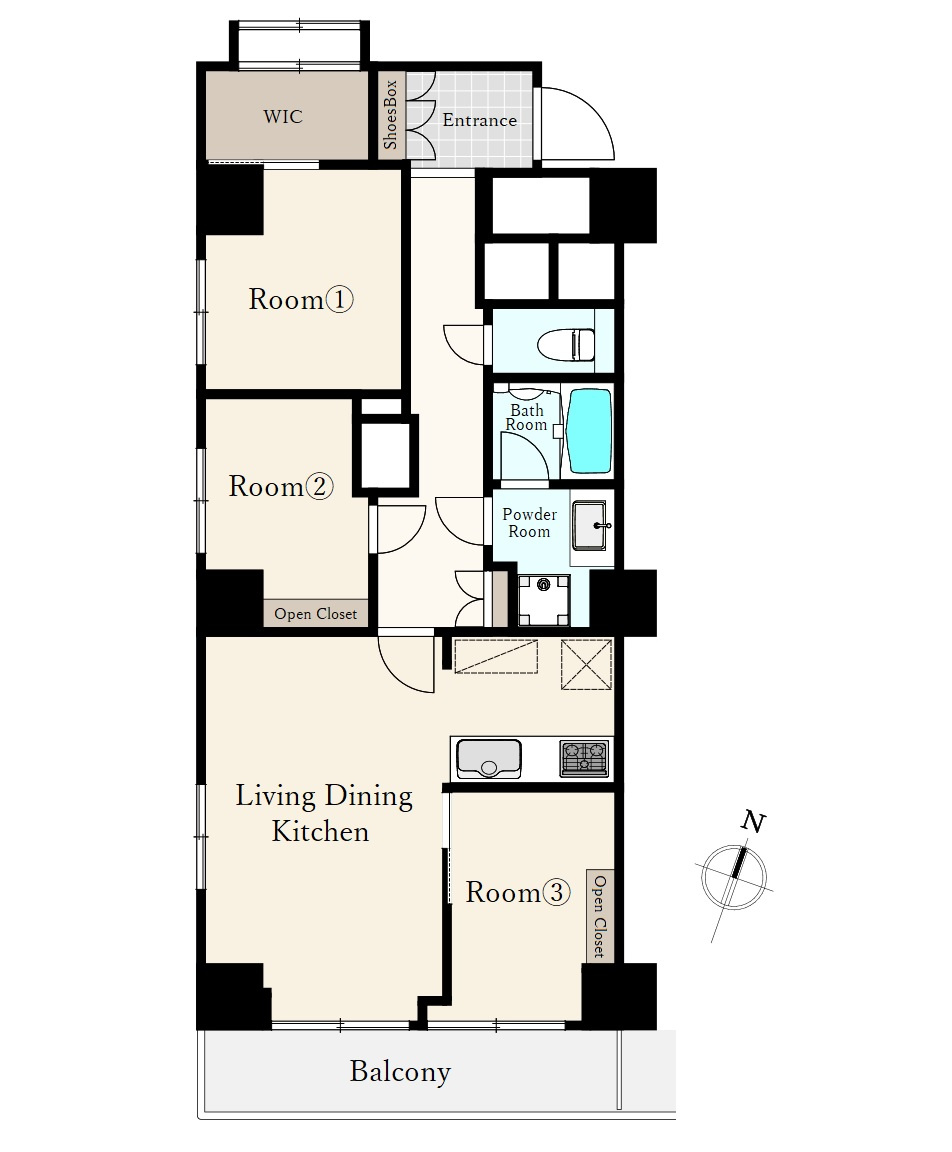 桜台ハイライズの間取り|3LDK、専有面積62.99m2、バルコニー面積6.6m2 、WIC、南向きワイドバルコニー