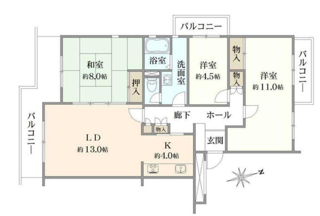 【間取り】 | 小山田桜台団地９２号棟 | 3LDKは、リビングダイニングキッチンと3つの居室がある間取り。ファミリー層に非常に人気の高い間取りで、広々としたリビングで家族団らんを楽しみ、個室でプライベートな時間も確保できるのが大きな魅力です。