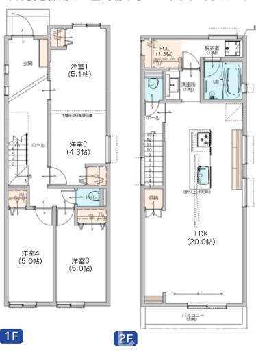 茅ヶ崎市浜竹４丁目　新築戸建　全３棟の間取り|南向き　４LDK