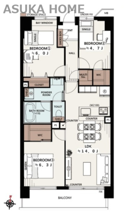ローヤルシティ鴨居２番館の間取り|南向きの陽当たり良好のマンションです。３LDK＋２W＋マルチ収納付きの70.3㎡の間取りです。